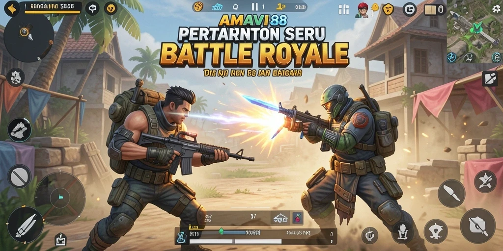Screenshot utama AMAVI88 menampilkan aksi pertarungan di arena Battle Royale.