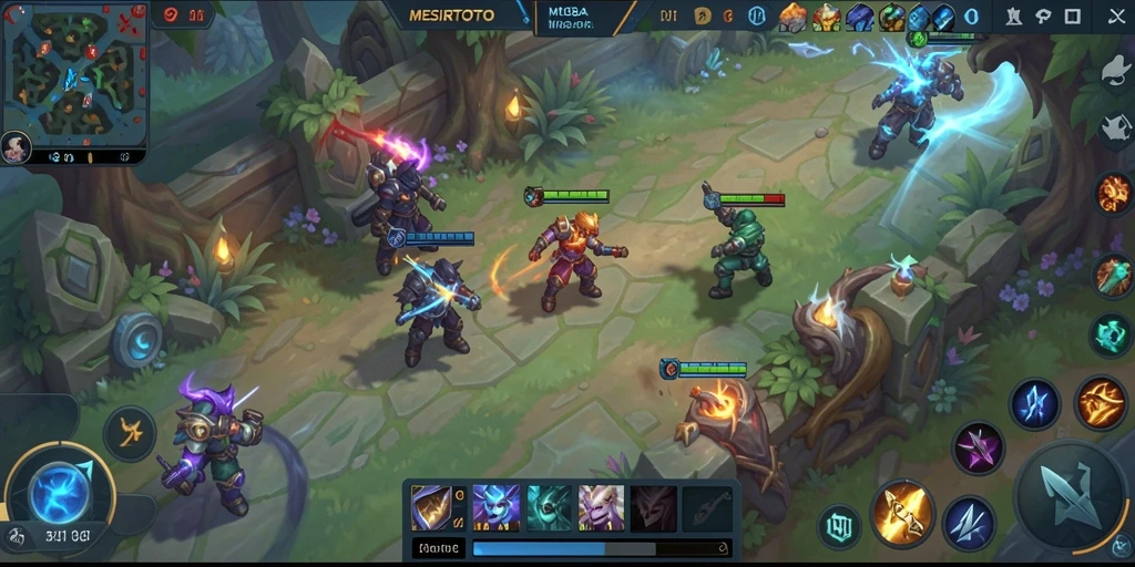 Screenshot gameplay MESIRTOTO menampilkan aksi MOBA yang mendebarkan dan strategi tim.