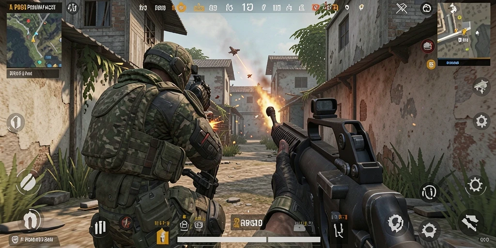 Screenshot utama RP99 menampilkan aksi seru dalam pertempuran FPS.