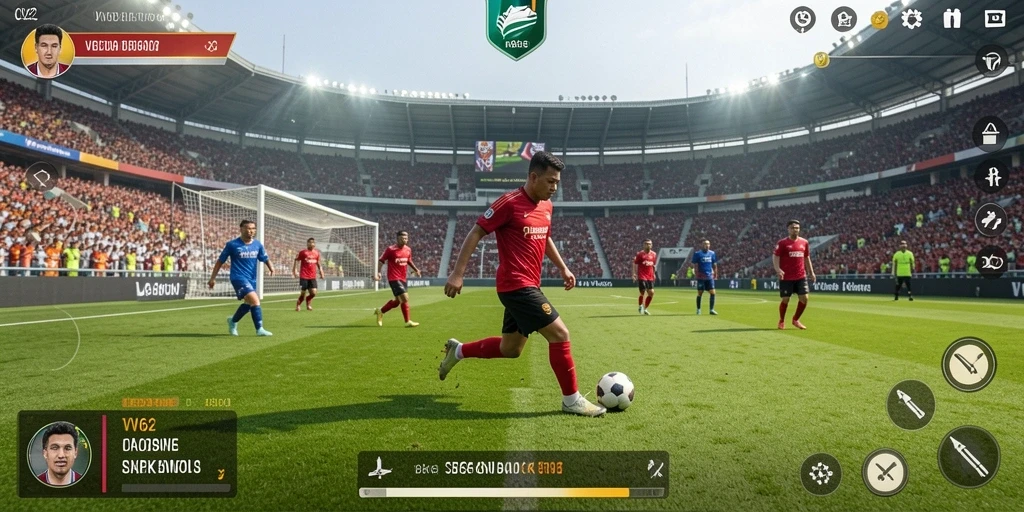 Tampilan gameplay VV62 menunjukkan aksi menarik dalam pertandingan sepak bola.